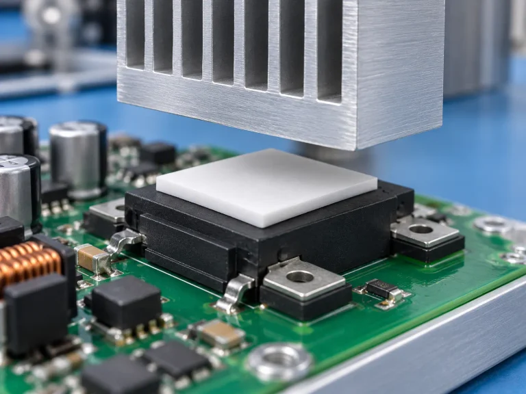 White silicone thermal pad between a power component and an aluminum heat sink